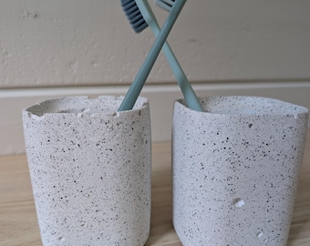 White Stone Concrete Toothbrush Holder, Minimalist Concrete Bathroom Decor