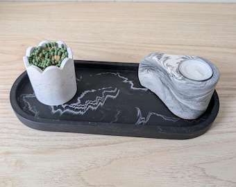 Black White Marbled Oval Tray, Neutral Eco-Resin Home Decor, Trinket Dish