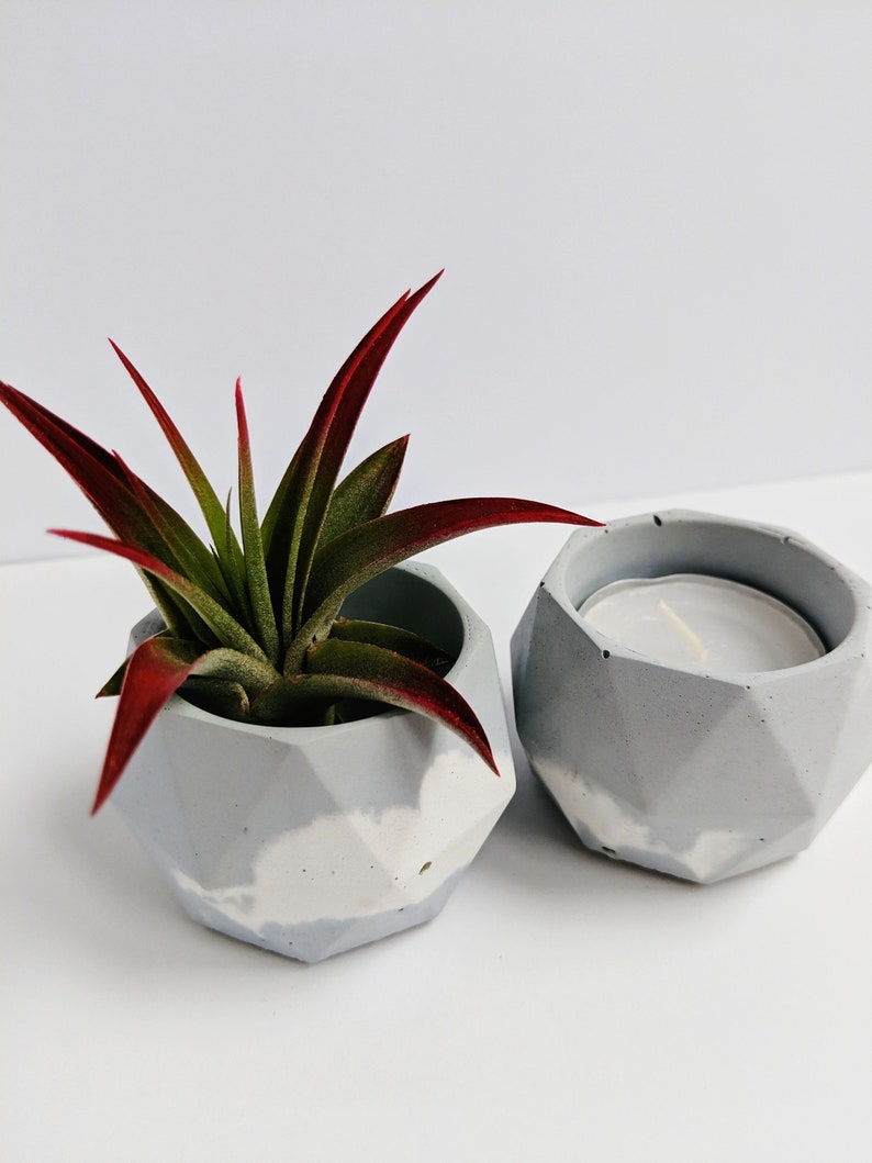 Minimalist Home Decor. Custom Concrete Dish Blue Marbled Tealight Concrete Candle Holder Air Plant Display Concrete Mini Planter