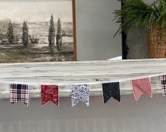 Handmade Patriotic Fabric Bunting Banner, Red White Blue Americana Garland