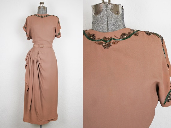 1940's Mocha Rayon Crepe Beaded Cocktail Dress / S
