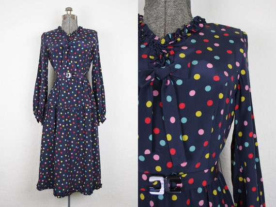 1970's Navy Polka Dot Rayon Dress / Size Medium