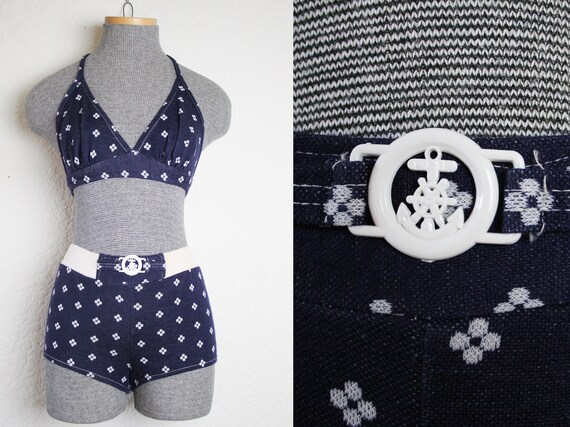 1960's Blue Nautical 2 Piece Bikini Swimsuit / Siz