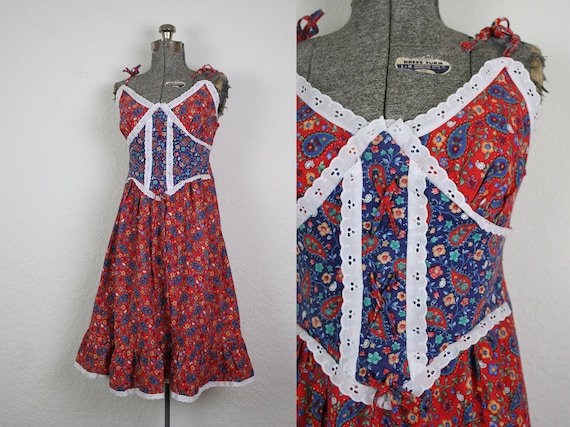 1970's Red Prairie Boho Sun Dress / Size XSmall Sm