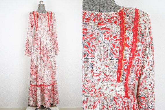 1970's Red Boho Maxi Dress / Size Medium