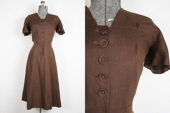 1940's Brown Linen Day Dress / Size Medium