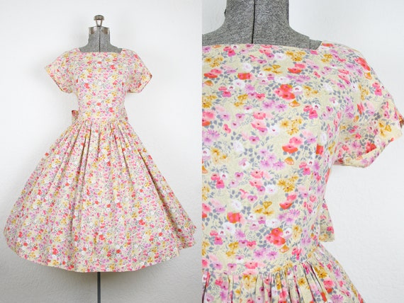 1980's Does 1950's Floral Print Cotton Sun Dress /