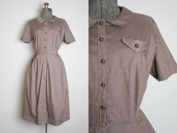 1950's Brown Shirtwaist Cotton Dress / Size Large