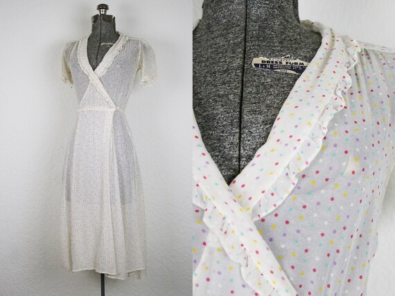 1970's Sheer Polka Dot Print Wrap Dress / Size Sma