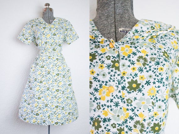 1950's Green and Yellow Floral Cotton Day Dress /
