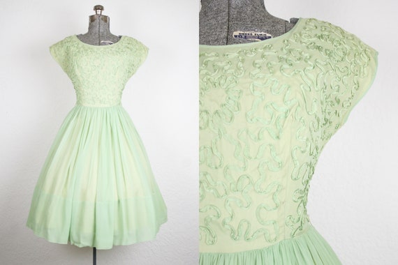 1950's Green Chiffon Party Dress / Size Small