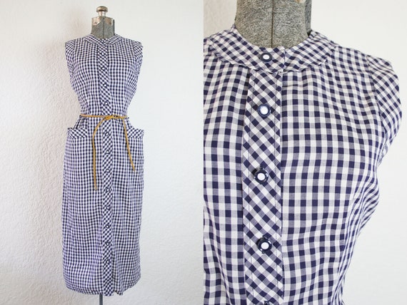 1950's Navy and White Gingham Plaid Wiggle Sun Dre