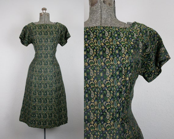 1950's Forest Green Brocade Party Dress / Size Med