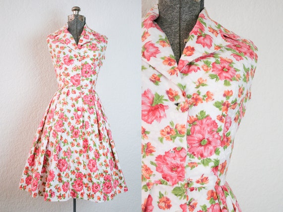 1950's Pink and Orange Floral Sun Dress / Size XSm