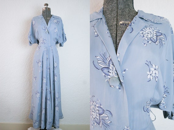 1940's Blue Floral Rayon House Maxi Dress / Size M