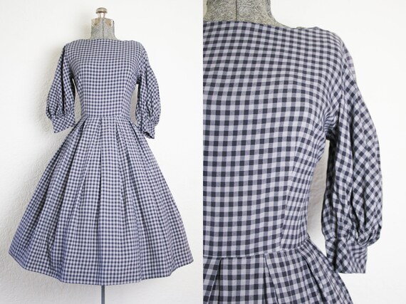 1950's Grey Plaid Cotton Day Dress / Size Small