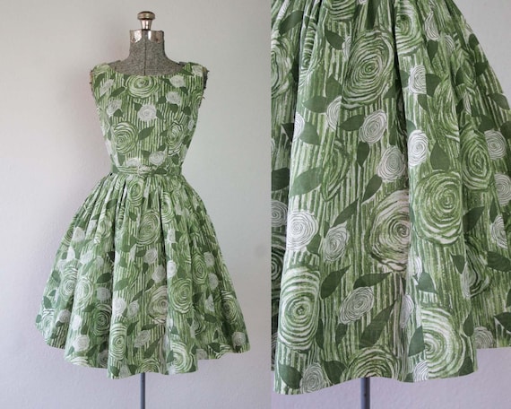 1950s Green Rose Floral Print Party Dress / Size S