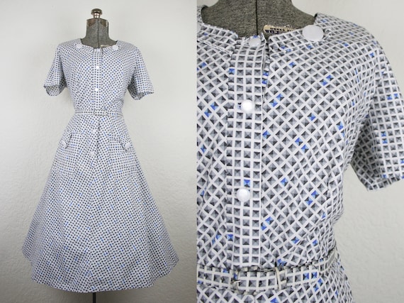 1950's Black and Blue Geometric Print Cotton Day D