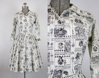 SALE 1950's Black and White Printed Shirtwaist Dress / Size Small