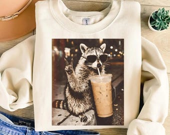 Coffee Raccoon Png, Raccoon Drinking Iced Coffee Png, Funny Animal Meme Png, Retro Prehistoric Png, Gift For Animal Lover, Trendy Raccoon