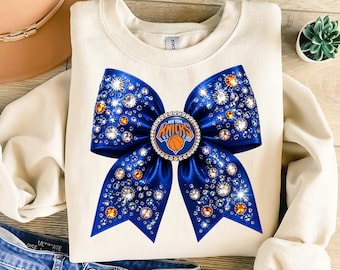 New York Knicks Bling Bow PNG, Basketball Cheer Bow Rhinestone Design, Knicks Fan Hair Bow Sublimation, Knicks Basketball Game Day Shirt PNG