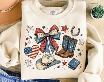 Patriotic Cowgirl PNG, Western 4th of July Bow Boots Design, USA Coquette Cowboy Hat Graphic, Americana Sublimation, Trendy USA Cowgirl Gift