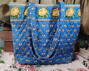 Vera Bradley Blue Bee Quilted Einkaufstasche Cottagecore Floral Schulter Geldbörse