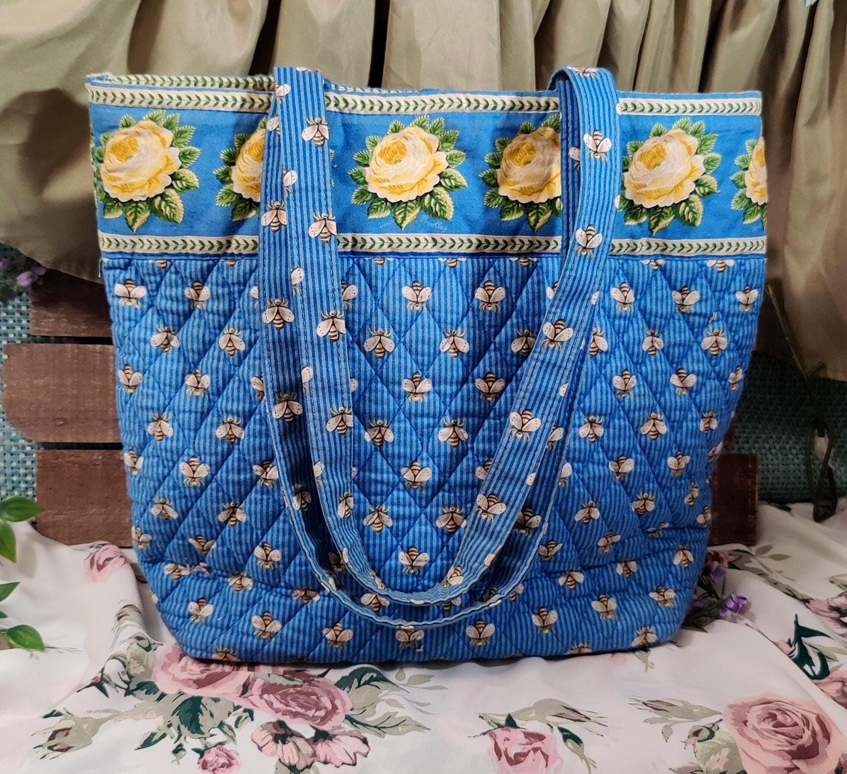 Vera Bradley Blue Bee Quilted Tote Bag Cottagecore Floral Shoulder