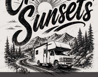 Chasing Sunsets RV PNG Bundle | 6 Ink Colors, Camping Road Trip Design (Digital Download)