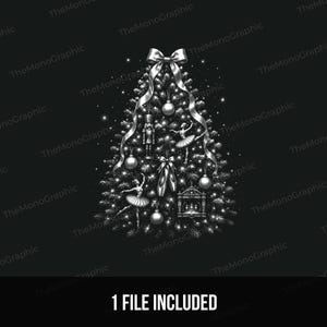 May include: A silver-toned Christmas tree graphic on a black background, decorated with a large top bow, hanging ornaments, a nutcracker, two ballet dancers, ballet slippers, and a small stage scene, all surrounded by sparkling light accents.