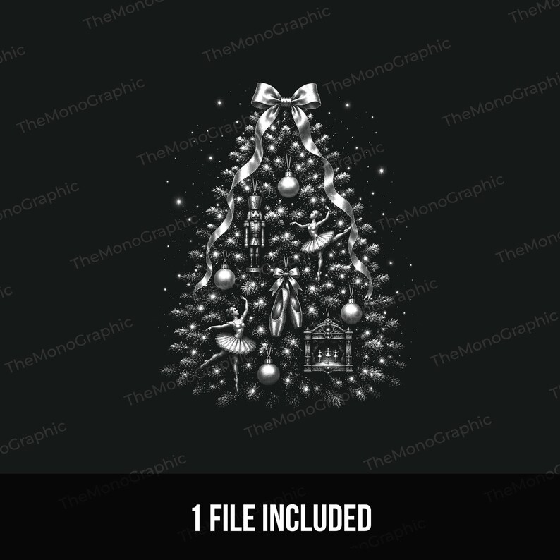 May include: A silver-toned Christmas tree graphic on a black background, decorated with a large top bow, hanging ornaments, a nutcracker, two ballet dancers, ballet slippers, and a small stage scene, all surrounded by sparkling light accents.