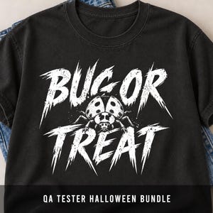 May include: A black short-sleeved t-shirt featuring a white graphic print of a ladybug centered between the words BUG OR TREAT written in a distressed, jagged font. The design is screen-printed on the front of the cotton crew neck garment.