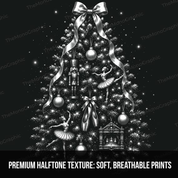 Nutcracker Ballet Christmas Tree PNG | Ballerina Holiday DTF Transfer (White Ink)