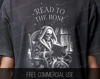 Skeleton Reading Book PNG, Cozy Gothic Library Design (Digital Download)