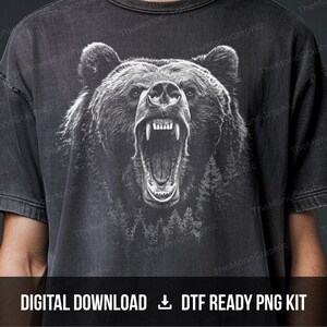 May include: Dark gray t-shirt featuring a detailed black and white illustration of a roaring bear's face. The bear's mouth is wide open, revealing its teeth. The text "DIGITAL DOWNLOAD DTF READY PNG KIT" is at the bottom.