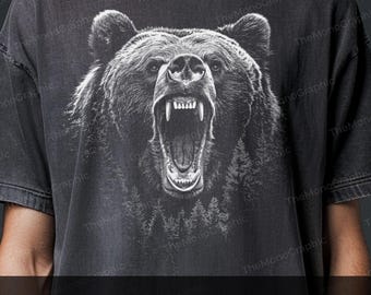 White Ink Roaring Grizzly Bear DTF PNG, Pine Forest Double Exposure Graphic, Dark Garment Sublimation File, Men's Outdoors Shirt Design