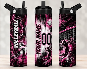 Vaso de voleibol, vaso personalizado para jugador de voleibol, vaso delgado de 20 oz o 30 oz, regalo de voleibol, botella de agua personalizada con nombre y número.