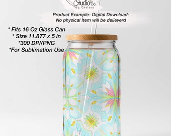 Botanical Lily 16 Oz Glass Can Wrap PNG | Libbey Cup Floral Sublimation Design | Botanical Flower Digital Download