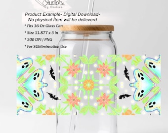 Halloween Ghost Glass Can Wrap PNG | 16oz Sublimation Tumbler Design | Spooky Pumpkin Patch Drink Wrap | Cute Halloween Digital Download