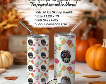 Día de los Muertos Ofrenda 20 Oz Skinny Tumbler Wrap PNG | Day of the Dead Mexican Floral Sublimation Design | Seamless Digital Download