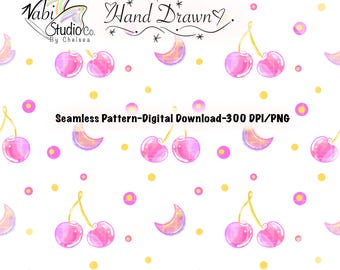 Pink Cherry Seamless Pattern PNG | Cherry Digital Paper | 12x12 Repeating Tile | Cute Fruit Pattern | Sublimation & POD Design