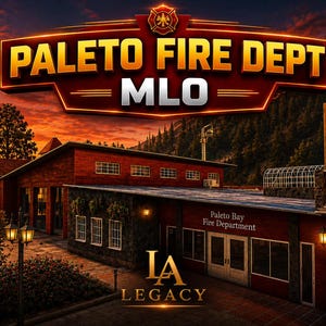 Può includere: Immagine di un edificio dei vigili del fuoco in mattoni rossi con la scritta "PALETO FIRE DEPT MLO" in alto. L'edificio è etichettato come "Paleto Bay Fire Department". Il logo IA Legacy è in basso.