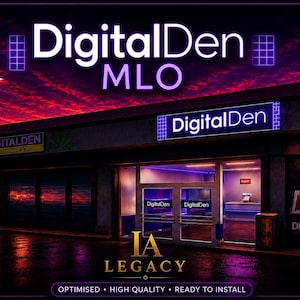 May include: An exterior shot of a storefront with the name "DigitalDen" in illuminated signage. The image features a vibrant sunset sky and the text "IA LEGACY" at the bottom, with additional text indicating optimization and quality.