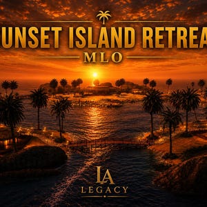 May include: A digital illustration of a tropical island at sunset. The image features palm trees, a bridge, and buildings, with the text "SUNSET ISLAND RETREAT" and "MLO" in gold lettering. The logo "IA LEGACY" is at the bottom.