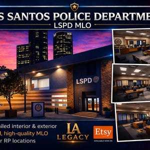 Può includere: Un'immagine dell'edificio del Los Santos Police Department con il testo "LSPD MLO". L'immagine include viste interne ed esterne, con il logo Etsy e il testo "AVAILABLE NOW ON".