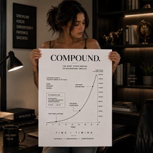May include: A white poster with black text and a line graph illustrating compound interest. The title reads COMPOUND. THE QUIET FORCE BEHIND EXTRAORDINARY WEALTH. It features a growth curve over 40 years, financial data, and the text TIME > TIMING.
