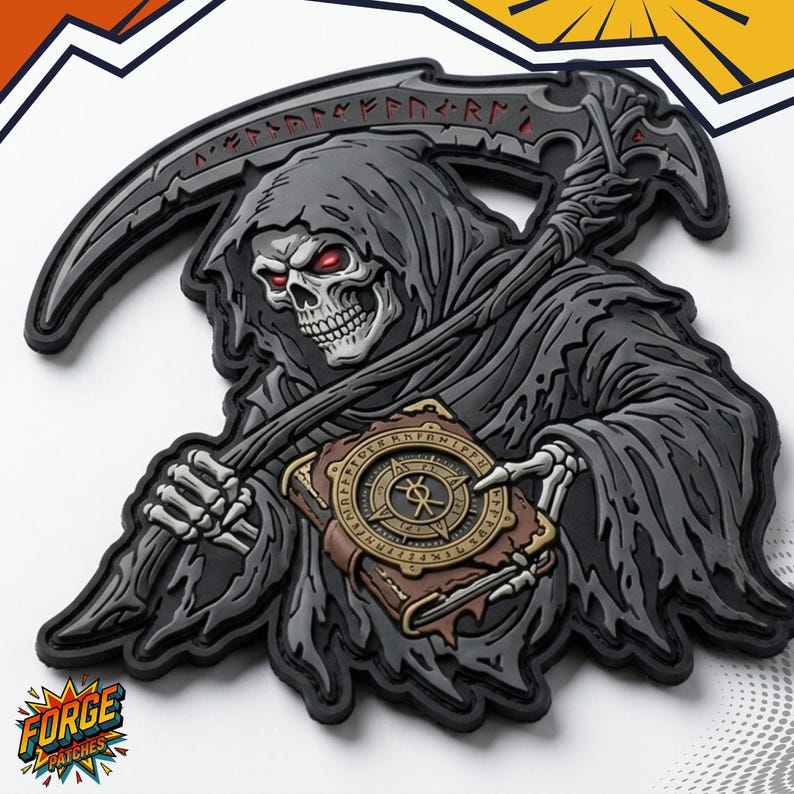 May include: A black and grey rubber patch featuring a hooded grim reaper figure with glowing red eyes, holding a large scythe and a brown book with a circular gold emblem on the cover. The scythe blade is engraved with runic symbols.
