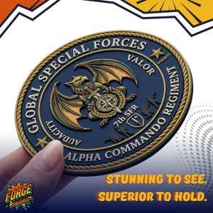 May include: A circular navy blue patch with a gold rope border featuring a central griffin holding a sword and compass. Text reads GLOBAL SPECIAL FORCES, ALPHA COMMANDO REGIMENT, 7th SFR, VALOR, AUDACITY, and INTEGRITY, with silhouettes of soldiers.