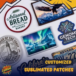 Puede incluir: Una colección de parches bordados y sublimados con varios diseños que incluyen un faro, un águila calva sobre montañas, la aurora boreal, una cadena de ADN etiquetada como GENOME TECH y una matrícula de Nevada, con el texto Artisanal Bread.