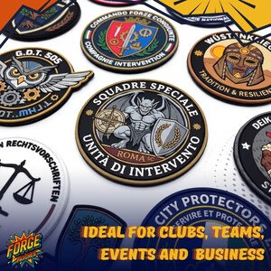 May include: A collection of circular embroidered patches featuring various graphic designs, including a gargoyle with a shield, an owl with gears, a desert warrior, and a scale of justice, all displayed together in a multi-coloured arrangement.